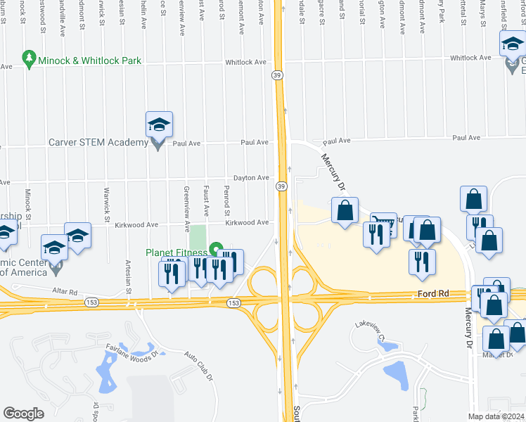 map of restaurants, bars, coffee shops, grocery stores, and more near 6031 Ashton Avenue in Detroit