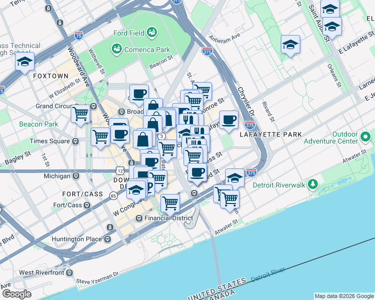 map of restaurants, bars, coffee shops, grocery stores, and more near 407 East Fort Street in Detroit