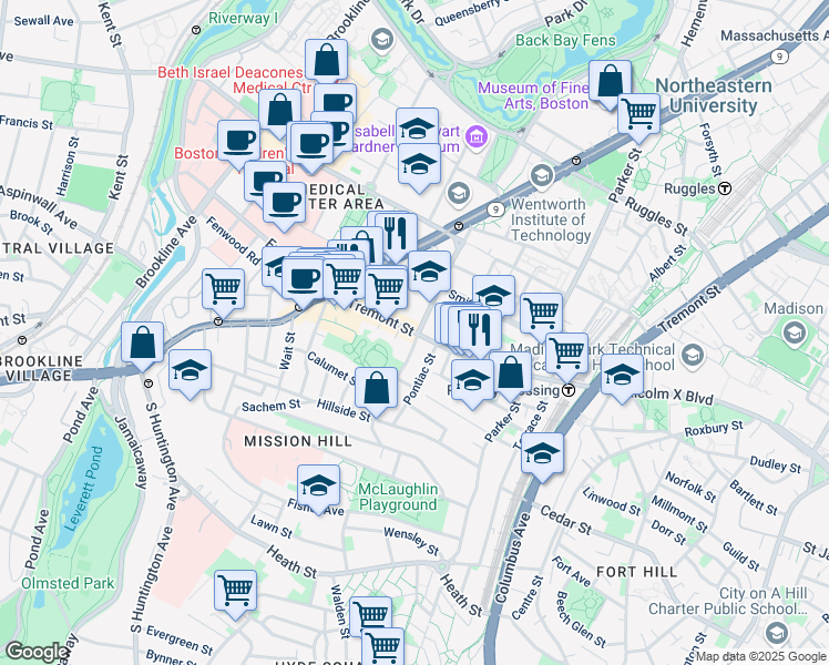 map of restaurants, bars, coffee shops, grocery stores, and more near 1560 Tremont Street in Boston