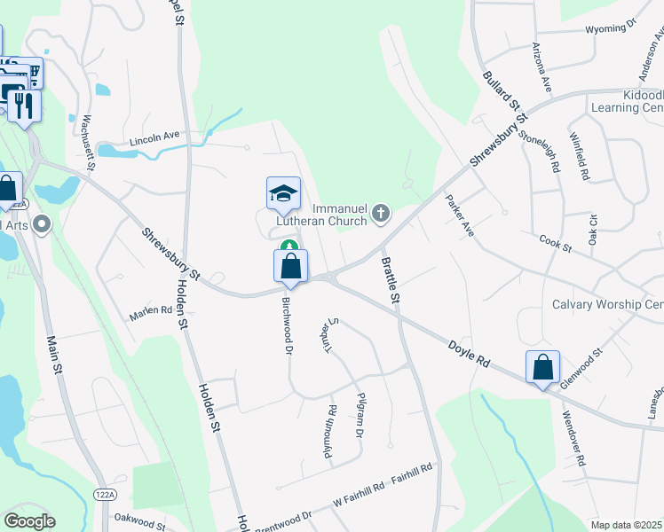 map of restaurants, bars, coffee shops, grocery stores, and more near 298 Shrewsbury Street in Holden