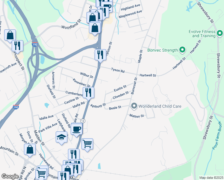 map of restaurants, bars, coffee shops, grocery stores, and more near 17 Eustis Street in Worcester