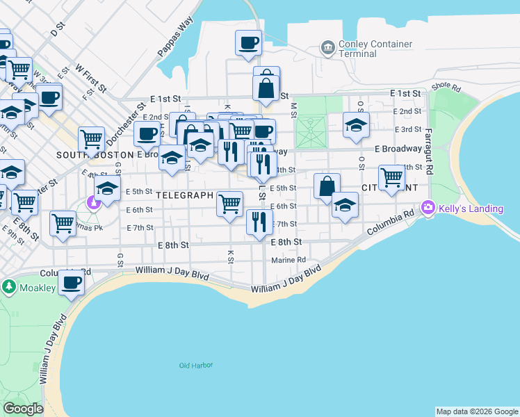 map of restaurants, bars, coffee shops, grocery stores, and more near 139 L Street in Boston
