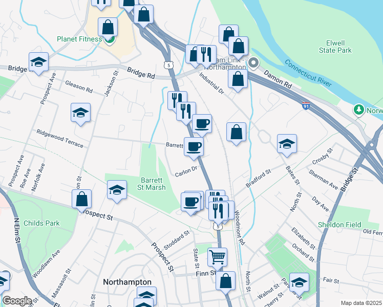 map of restaurants, bars, coffee shops, grocery stores, and more near 300 King Street in Northampton