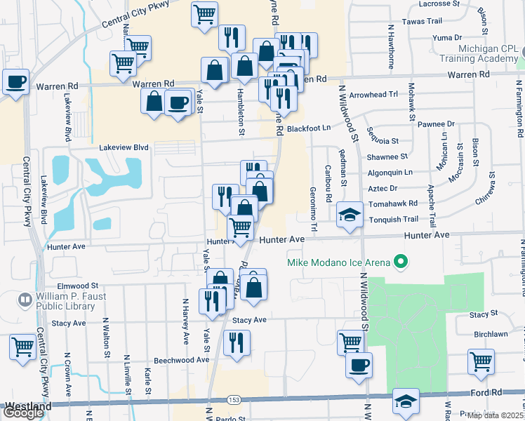 map of restaurants, bars, coffee shops, grocery stores, and more near 6570 North Wayne Road in Westland