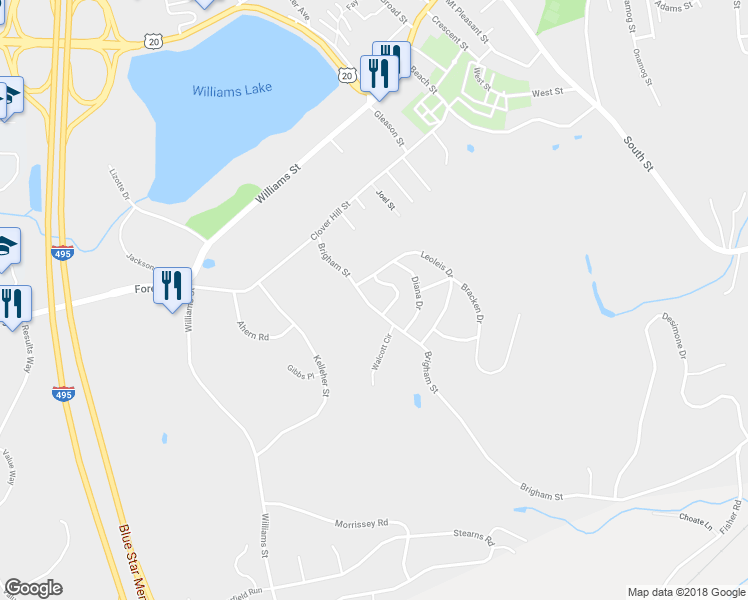 map of restaurants, bars, coffee shops, grocery stores, and more near 607 Brigham Street in Marlborough
