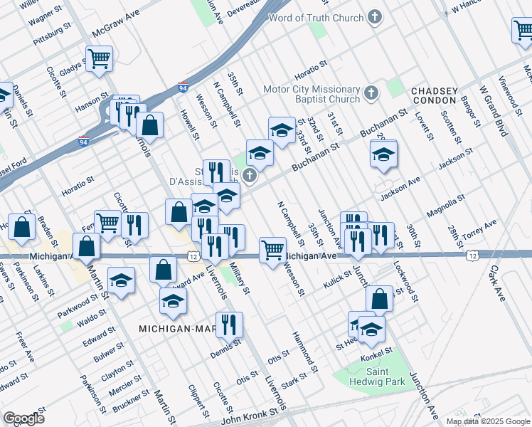 map of restaurants, bars, coffee shops, grocery stores, and more near 4136 Wesson Street in Detroit