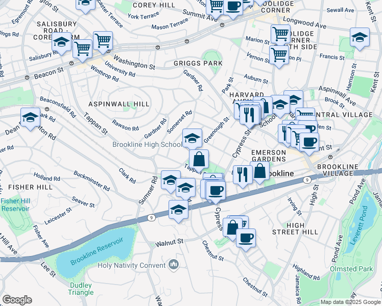 map of restaurants, bars, coffee shops, grocery stores, and more near 36 Greenough Street in Brookline