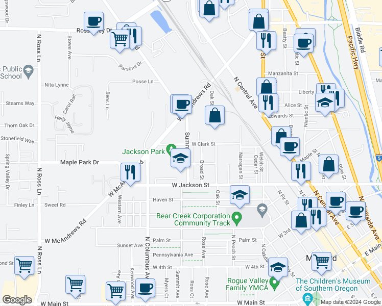 map of restaurants, bars, coffee shops, grocery stores, and more near 818 Summit Avenue in Medford