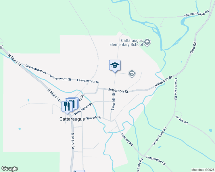 map of restaurants, bars, coffee shops, grocery stores, and more near 128 Jefferson Street in Cattaraugus