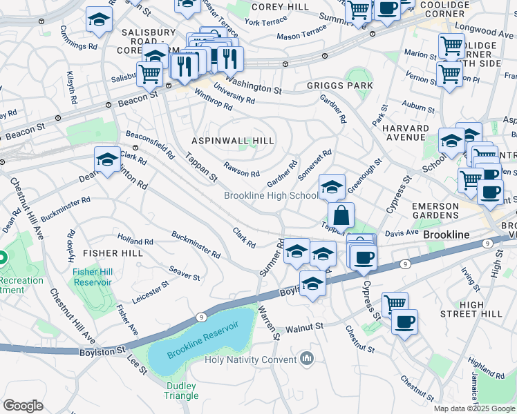 map of restaurants, bars, coffee shops, grocery stores, and more near 163 Tappan Street in Brookline