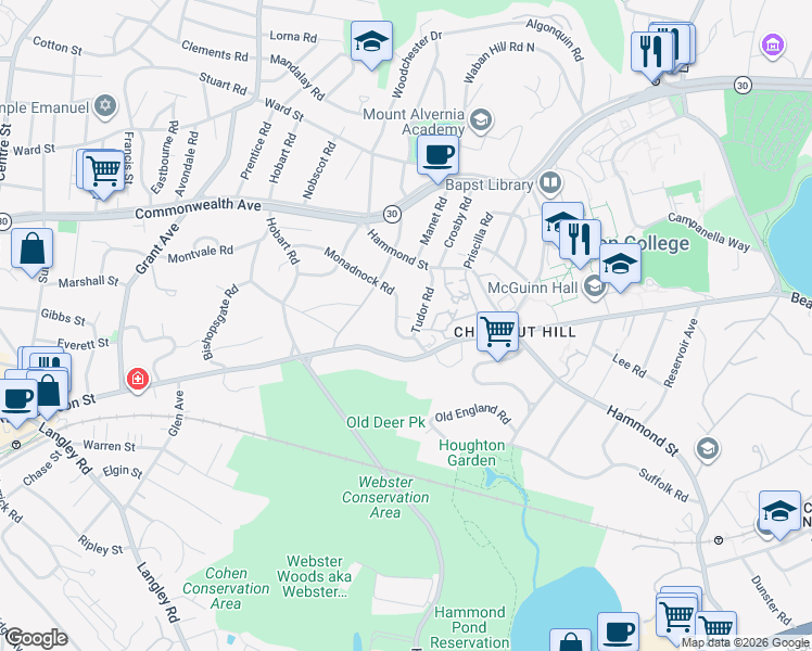 map of restaurants, bars, coffee shops, grocery stores, and more near 40 Tudor Road in Newton