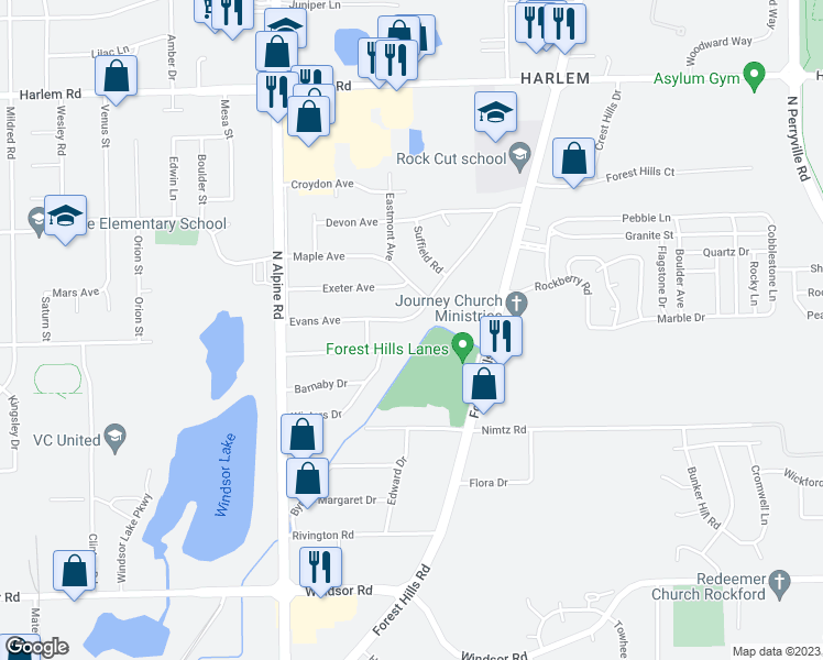 map of restaurants, bars, coffee shops, grocery stores, and more near 2225 Evans Avenue in Loves Park