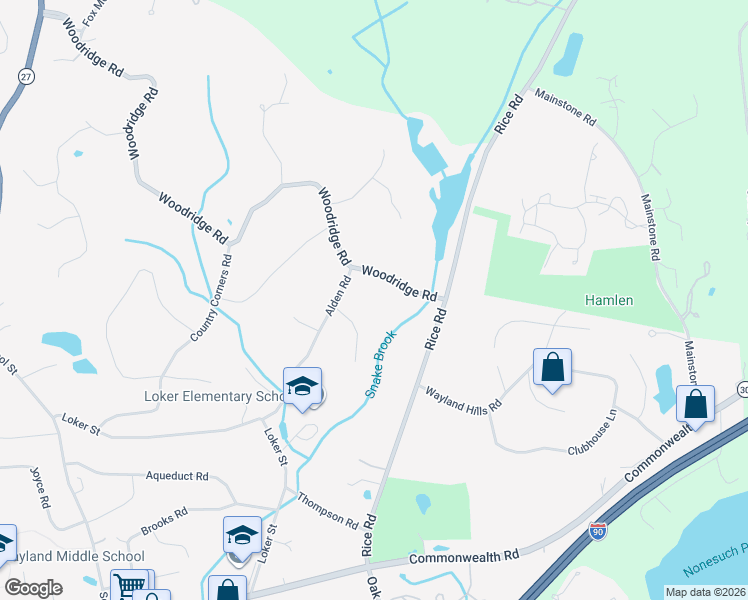 map of restaurants, bars, coffee shops, grocery stores, and more near 139 Woodridge Road in Wayland