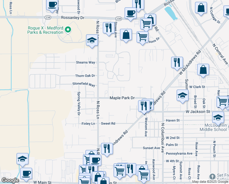 map of restaurants, bars, coffee shops, grocery stores, and more near 751 Silky Oaks Lane in Medford