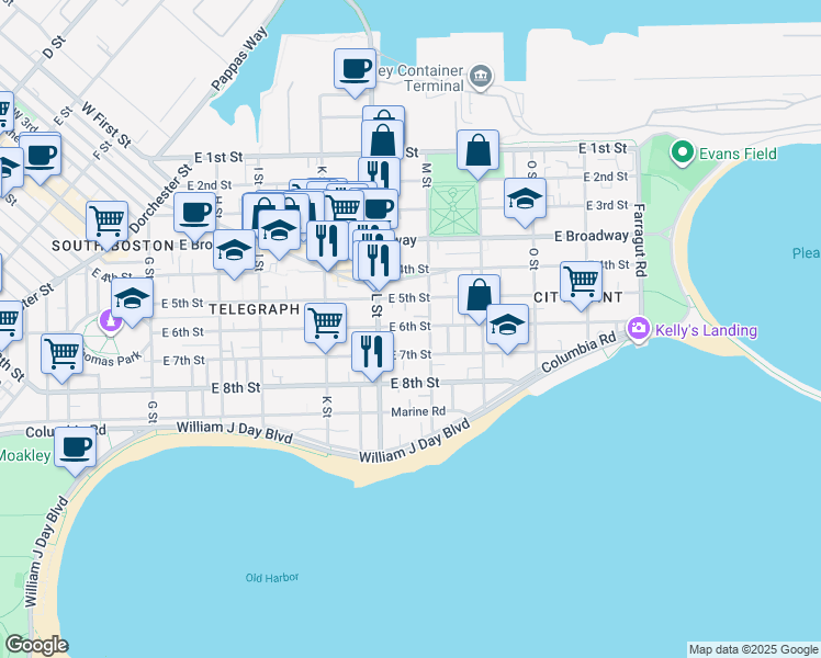 map of restaurants, bars, coffee shops, grocery stores, and more near 659 East 6th Street in Boston