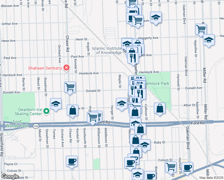 map of restaurants, bars, coffee shops, grocery stores, and more near 6000 Horger Street in Dearborn