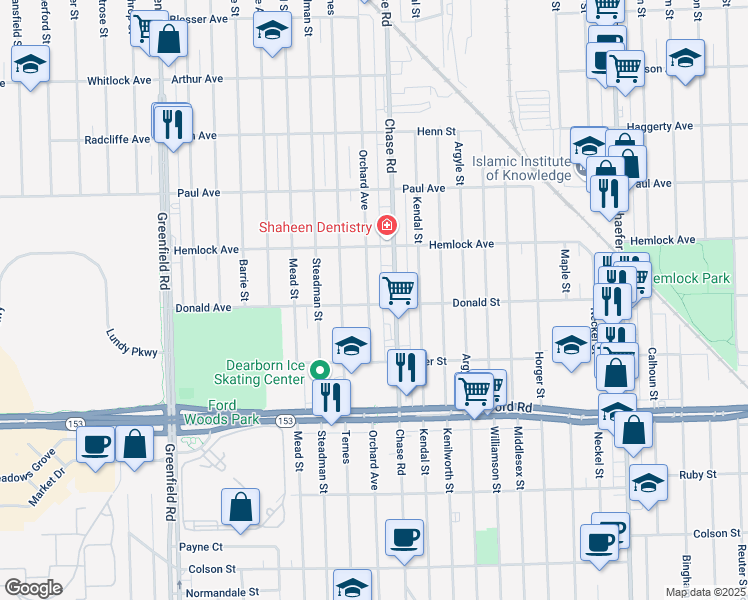 map of restaurants, bars, coffee shops, grocery stores, and more near 6000 Orchard Avenue in Dearborn