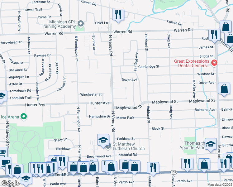 map of restaurants, bars, coffee shops, grocery stores, and more near 6440 North Venoy Road in Garden City