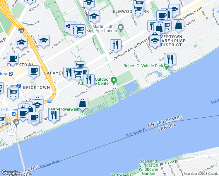 map of restaurants, bars, coffee shops, grocery stores, and more near 1561 Atwater Street in Detroit