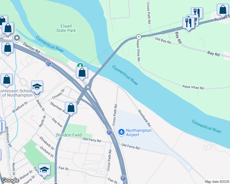 map of restaurants, bars, coffee shops, grocery stores, and more near 17 Cross Path Road in Northampton