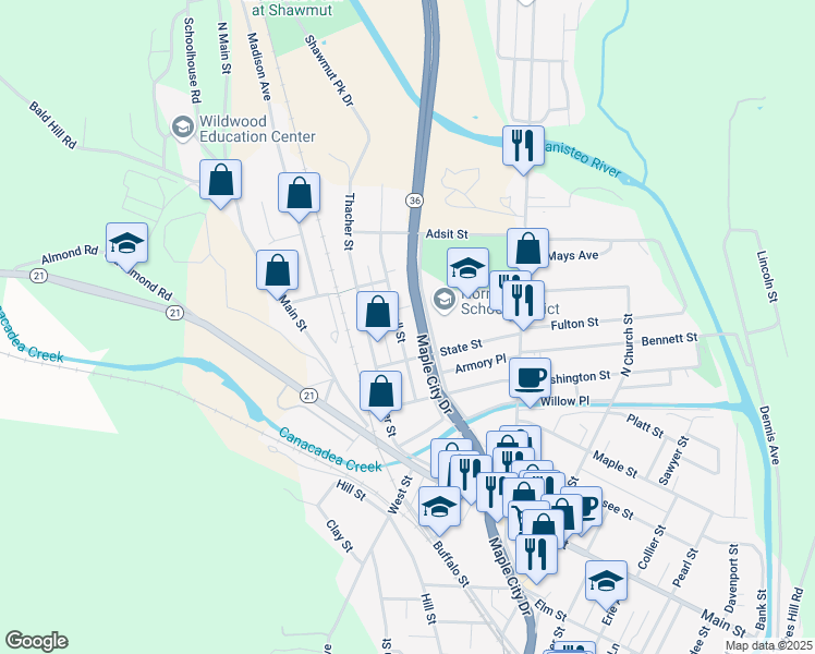 map of restaurants, bars, coffee shops, grocery stores, and more near 139 Hornell Street in Hornell