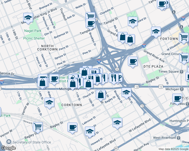 map of restaurants, bars, coffee shops, grocery stores, and more near 1422 Plum Street in Detroit