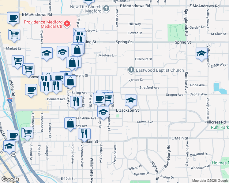 map of restaurants, bars, coffee shops, grocery stores, and more near 502 Pearl Street in Medford
