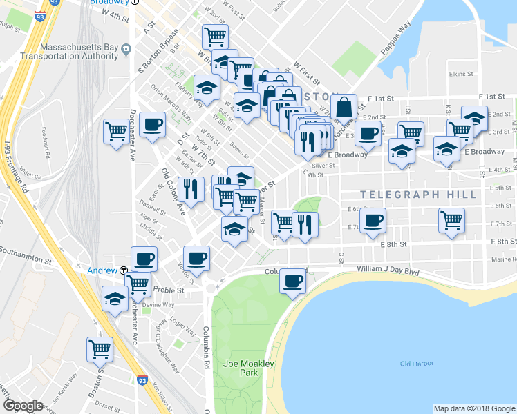 map of restaurants, bars, coffee shops, grocery stores, and more near 36 Telegraph Street in Boston