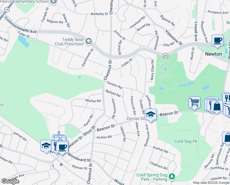 map of restaurants, bars, coffee shops, grocery stores, and more near 36 Byfield Road in Newton
