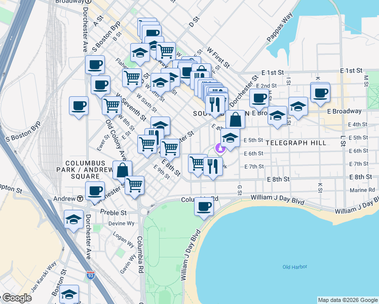 map of restaurants, bars, coffee shops, grocery stores, and more near 58 Telegraph Street in Boston