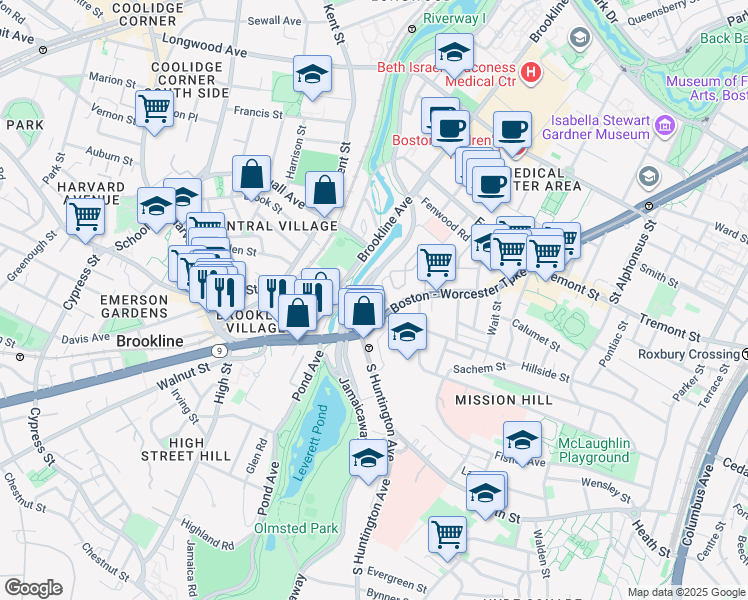 map of restaurants, bars, coffee shops, grocery stores, and more near 368 Riverway in Boston