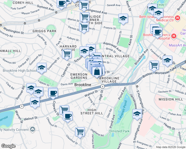 map of restaurants, bars, coffee shops, grocery stores, and more near 282 Washington Street in Brookline