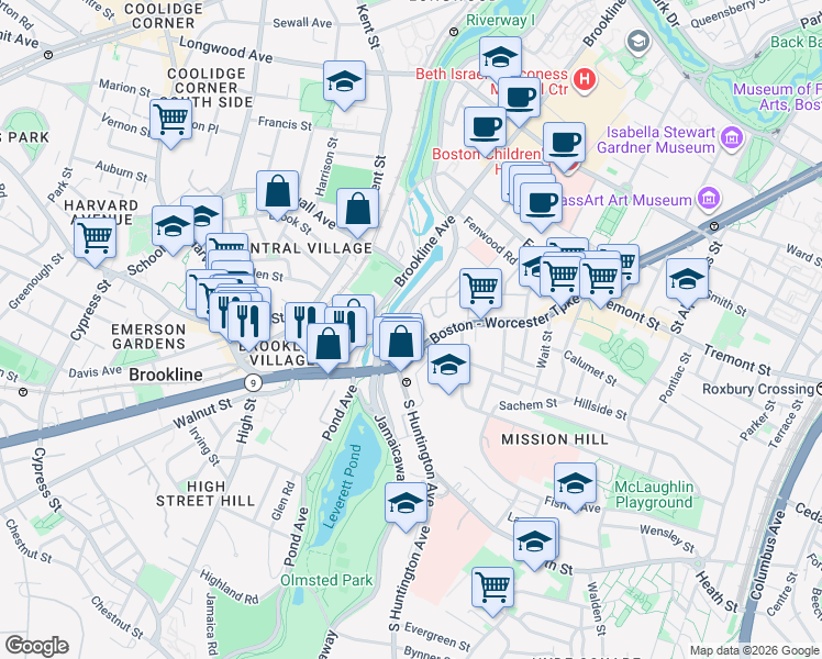 map of restaurants, bars, coffee shops, grocery stores, and more near 382 Riverway in Boston