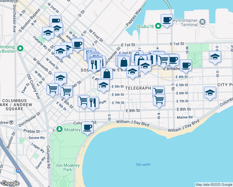 map of restaurants, bars, coffee shops, grocery stores, and more near 434 East 6th Street in Boston