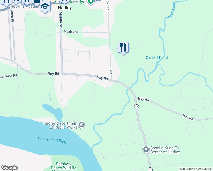 map of restaurants, bars, coffee shops, grocery stores, and more near 121 Bay Road in Hadley