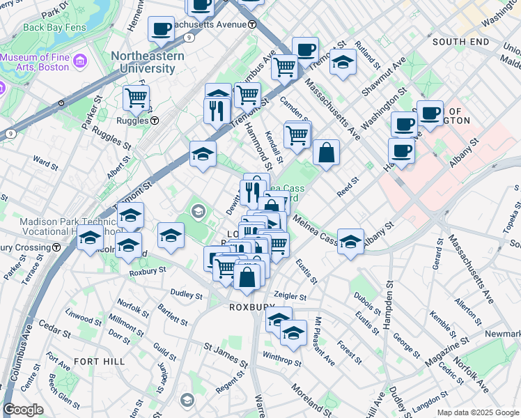 map of restaurants, bars, coffee shops, grocery stores, and more near 723 Shawmut Avenue in Boston
