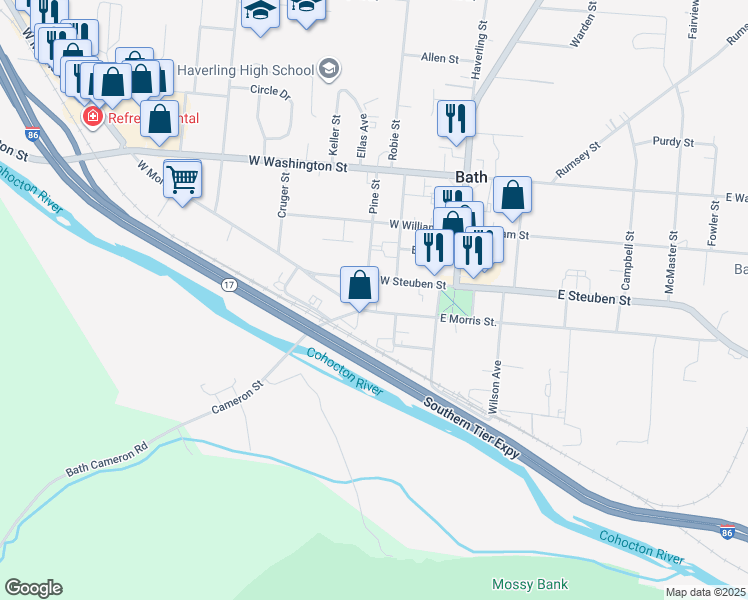 map of restaurants, bars, coffee shops, grocery stores, and more near 32 W Morris St in Bath