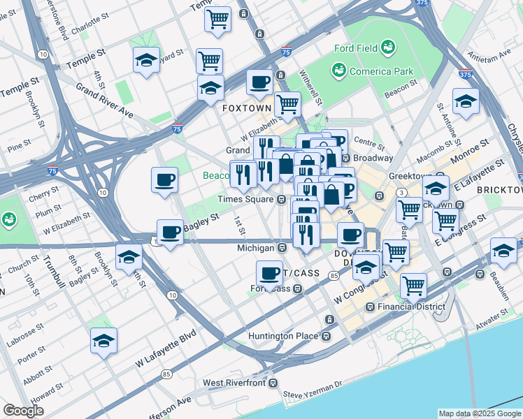 map of restaurants, bars, coffee shops, grocery stores, and more near 1515 Cass Avenue in Detroit