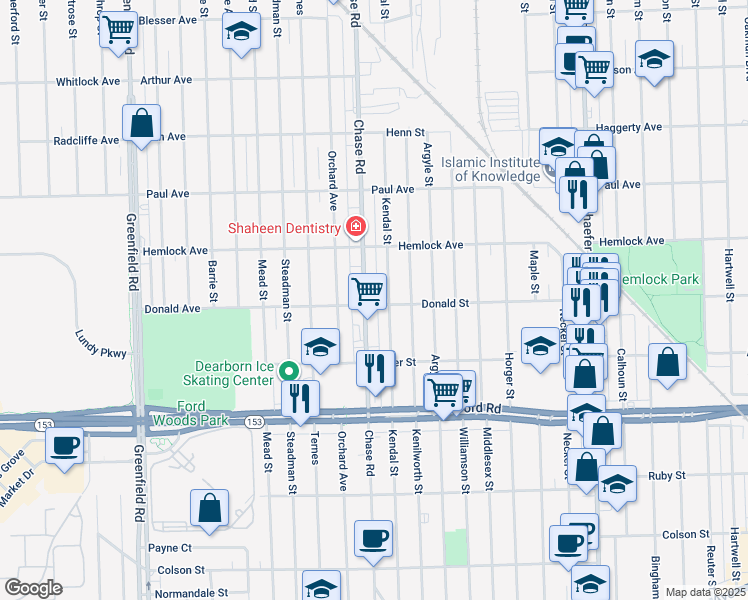 map of restaurants, bars, coffee shops, grocery stores, and more near 6000 Chase Road in Dearborn
