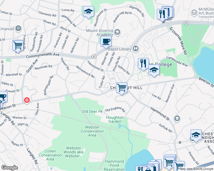 map of restaurants, bars, coffee shops, grocery stores, and more near 60 Tudor Road in Newton