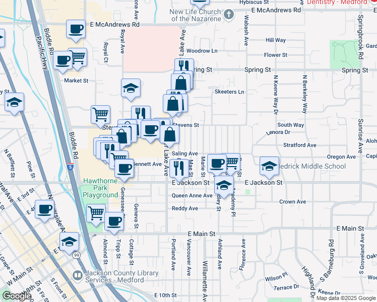 map of restaurants, bars, coffee shops, grocery stores, and more near 503 Mae Street in Medford