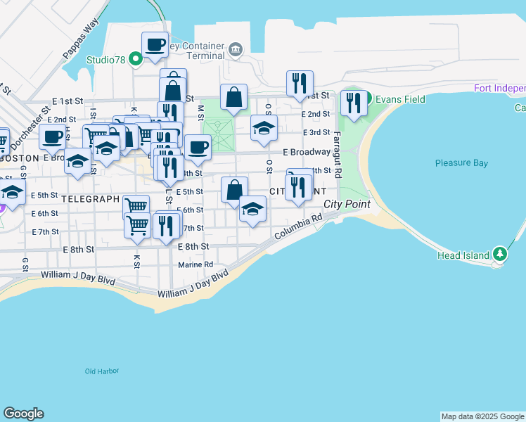 map of restaurants, bars, coffee shops, grocery stores, and more near 1 O Street Place in Boston