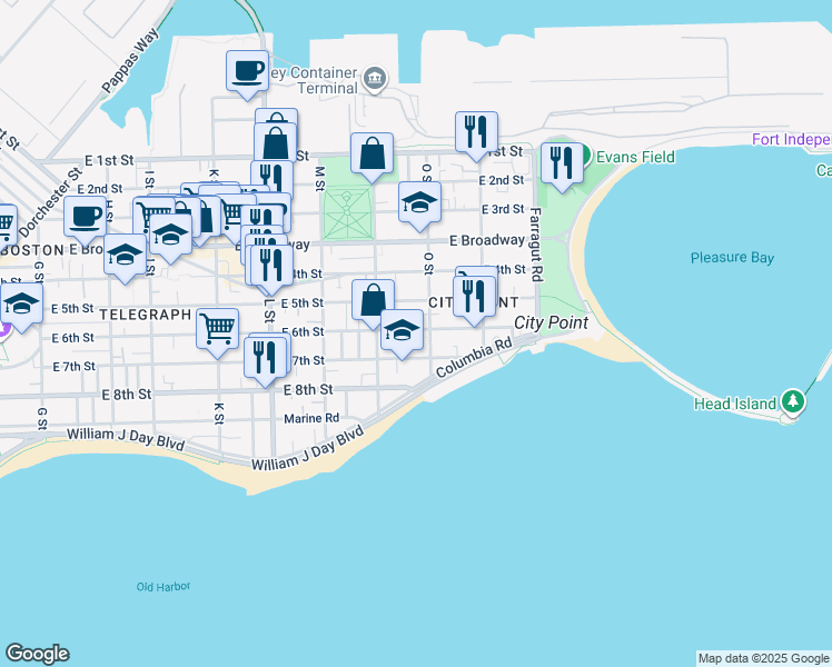 map of restaurants, bars, coffee shops, grocery stores, and more near 1 O Street Place in Boston