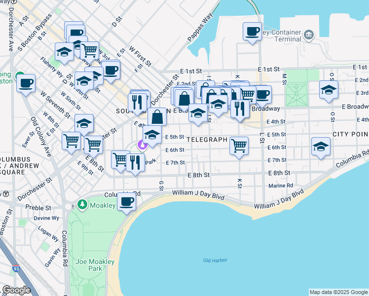 map of restaurants, bars, coffee shops, grocery stores, and more near 479 East 6th Street in Boston