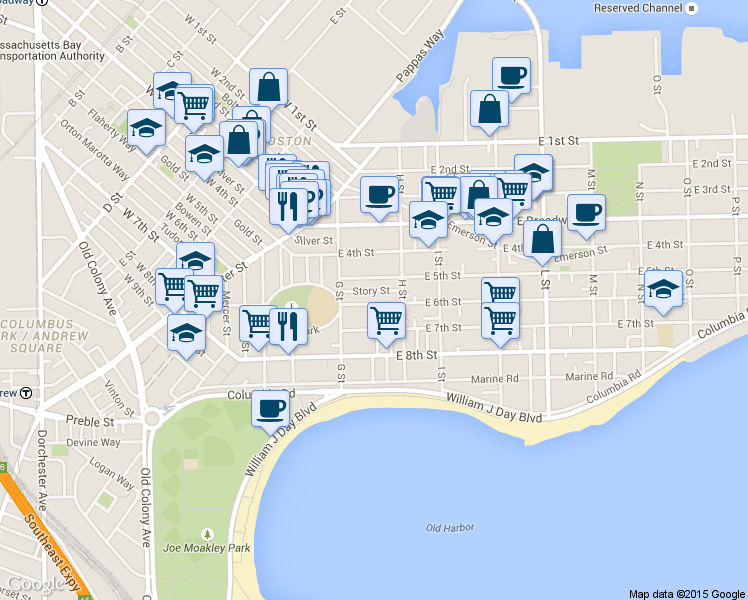 map of restaurants, bars, coffee shops, grocery stores, and more near 434 East 6th Street in Boston