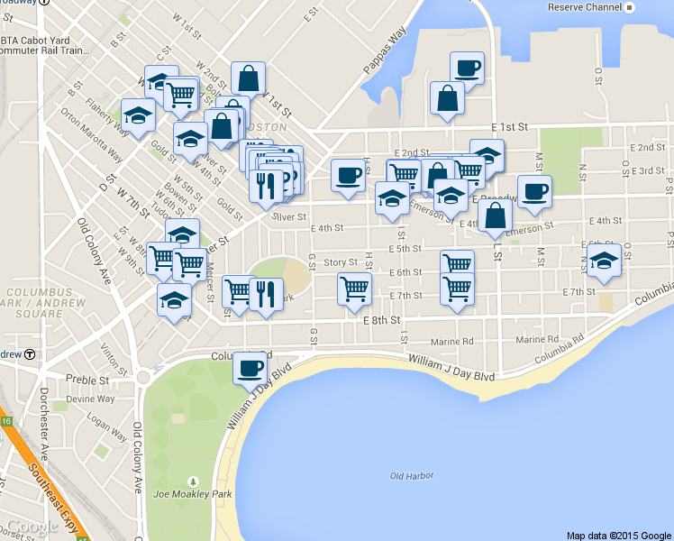 map of restaurants, bars, coffee shops, grocery stores, and more near 434 East 6th Street in Boston