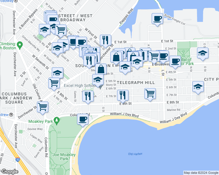 map of restaurants, bars, coffee shops, grocery stores, and more near 434 East 6th Street in Boston