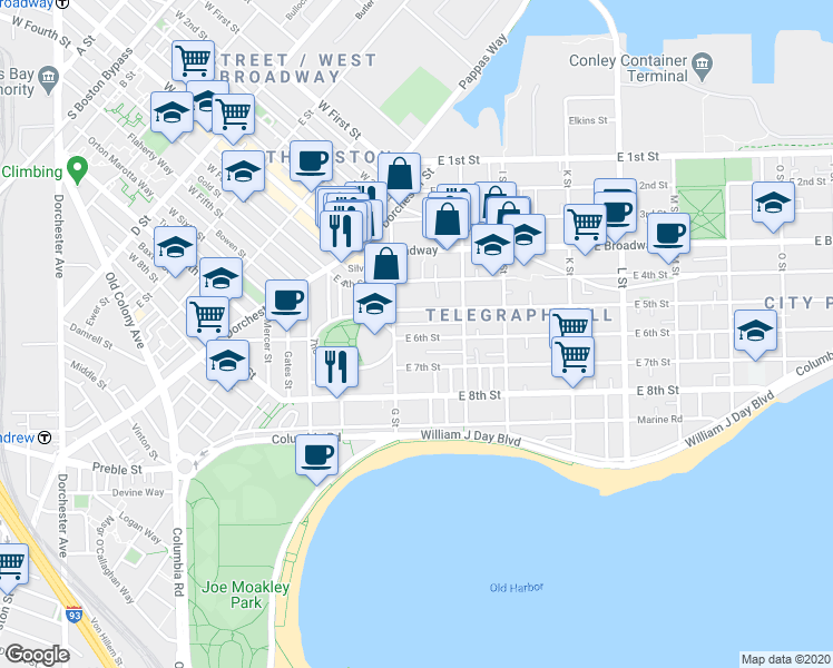 map of restaurants, bars, coffee shops, grocery stores, and more near 434 East 6th Street in Boston