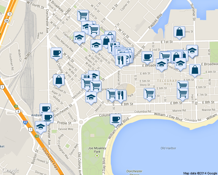 map of restaurants, bars, coffee shops, grocery stores, and more near 53 Old Harbor Street in Boston
