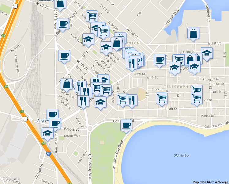 map of restaurants, bars, coffee shops, grocery stores, and more near 22 Mercer Street in Boston